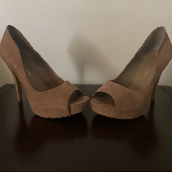 Jessica Simpson Suede Peep Toe Platform Heels - Picture 2 of 5
